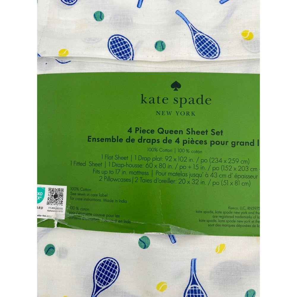 Kate Spade Sheet Set Queen White Tennis Pickleball 100% Cotton Racquet Preppy